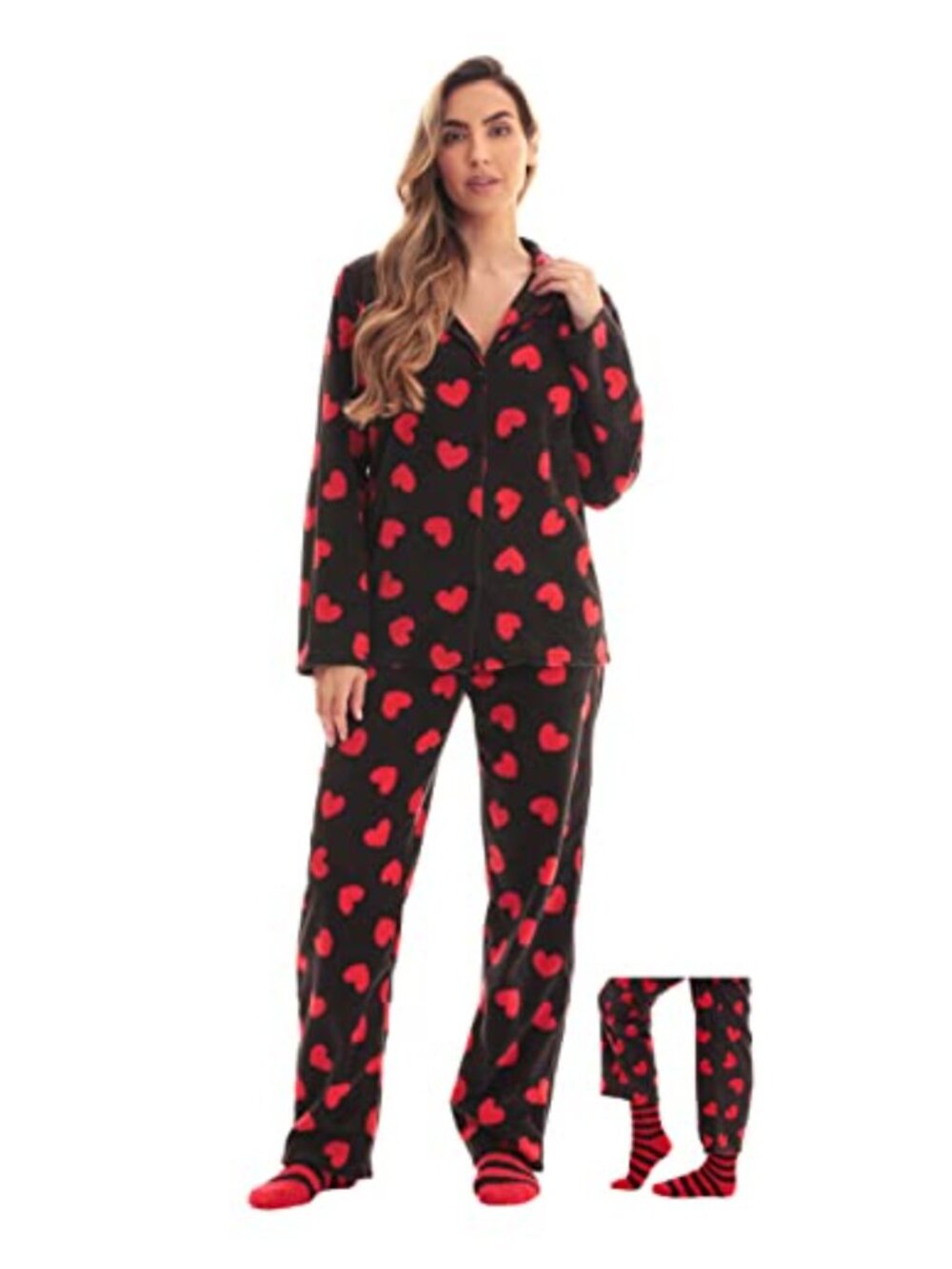 Microfleece Button Front Pajama Set 3 Piece with Socks Loose Fit Sleepwear